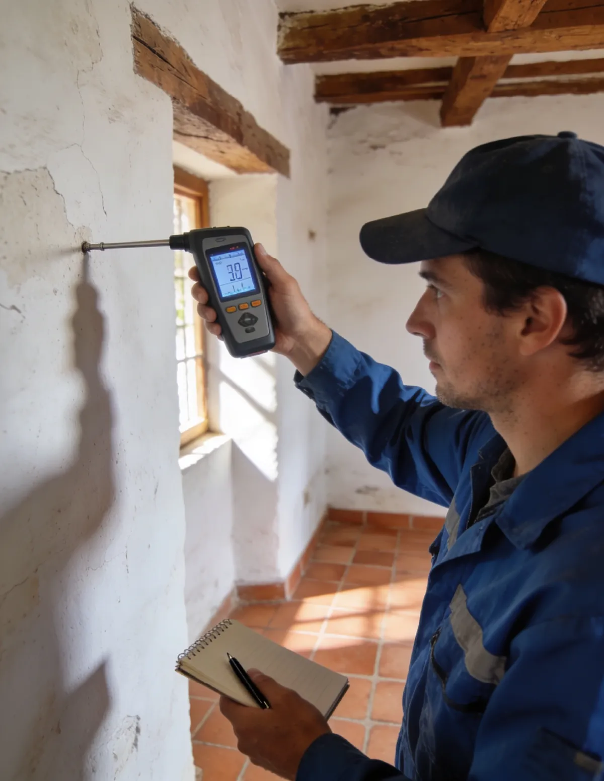 Técnico HUMIX midiendo la humedad de un muro antiguo en Alcázar de San Juan